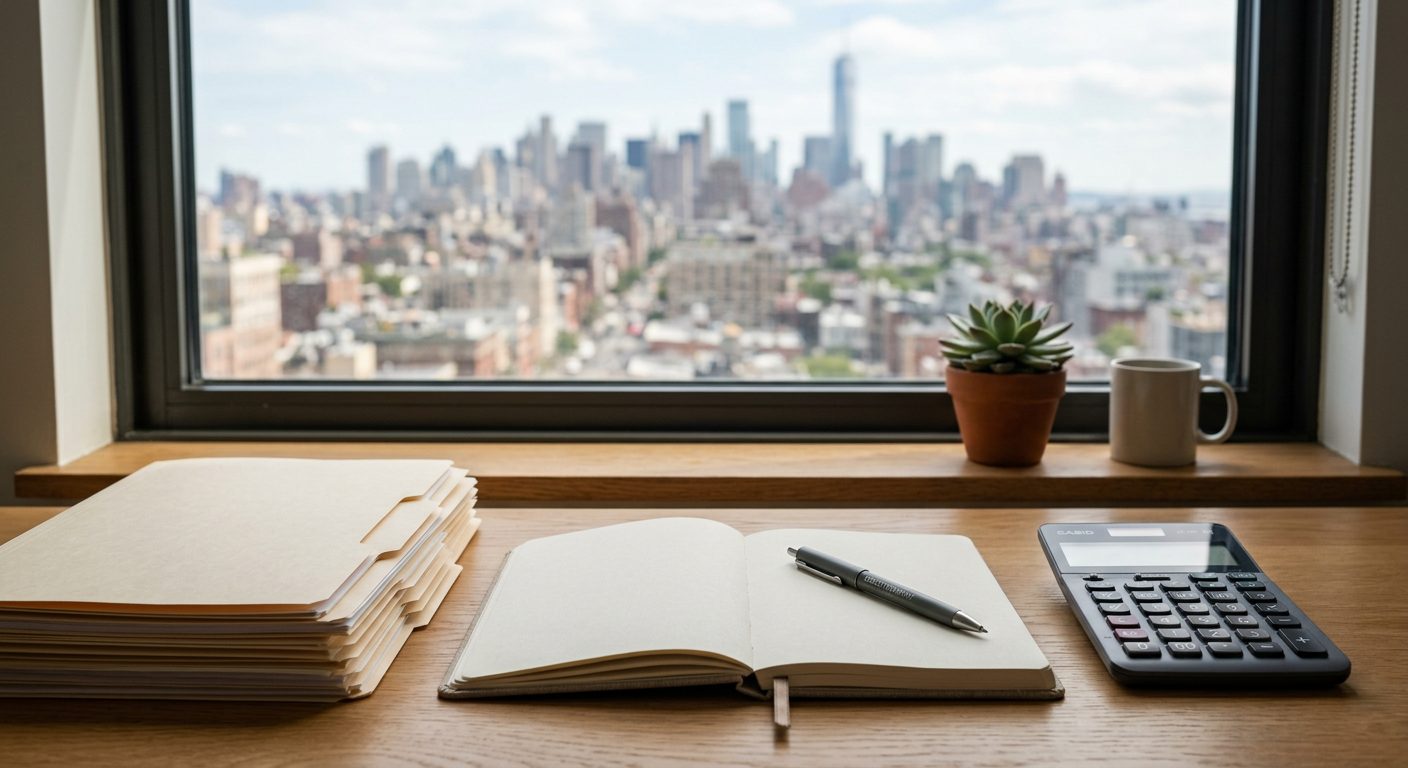 Organised desk with paper files, a notebook and a calculator