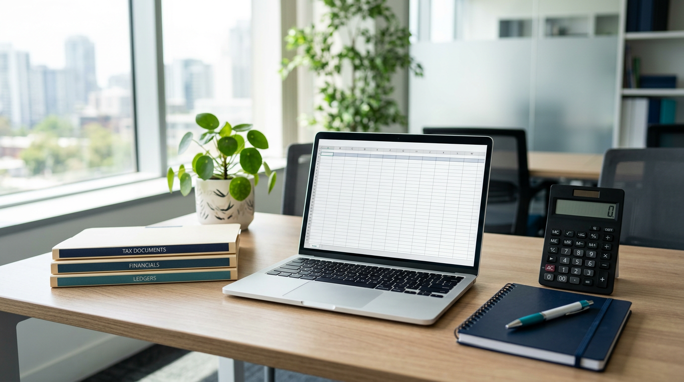Tidy accountant's desk with a calculator, tax documents and a laptop